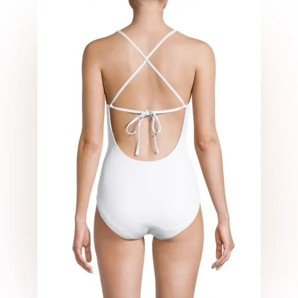 New RACHEL Rachel Roy ​Pique Lattice Cutout One Piece Swimsuit White Small